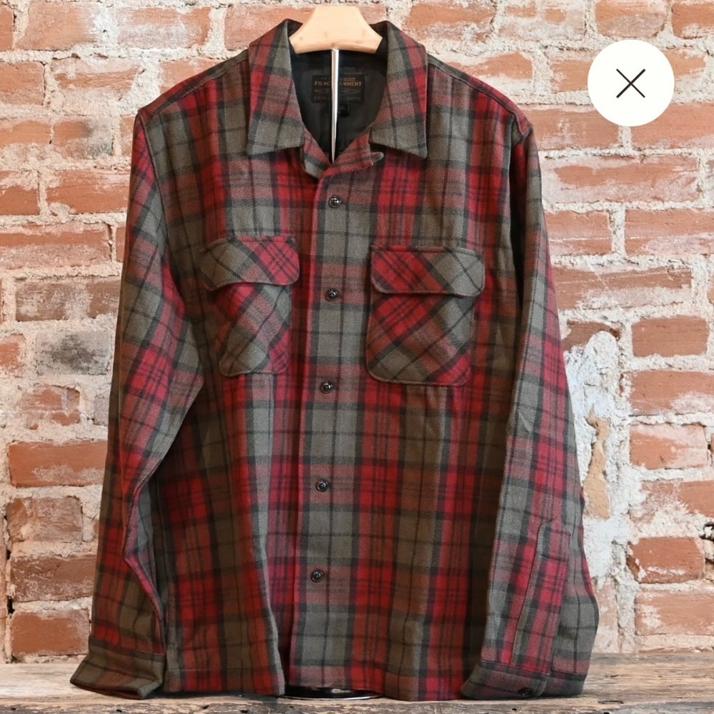 Filson Buckner Camp Wool  Button-Up Shirt, Olive Red Multi Plaid